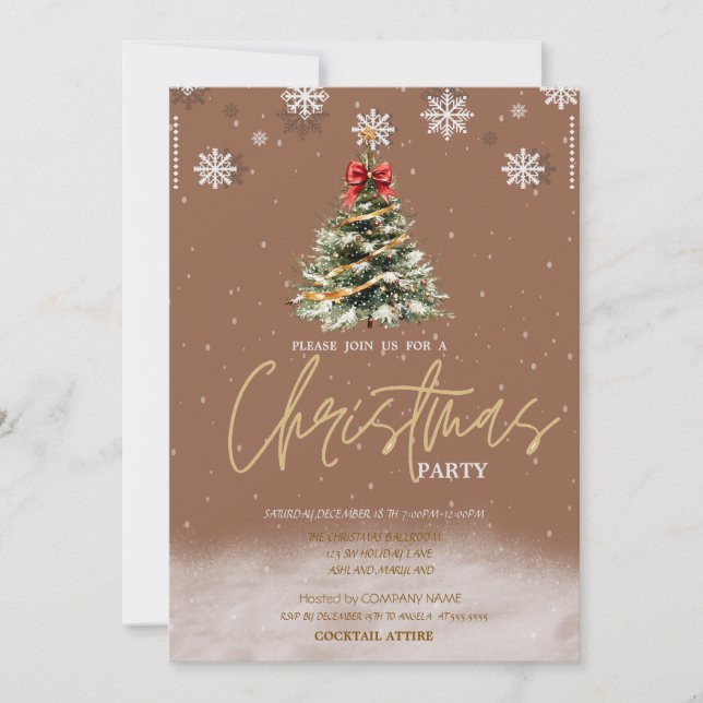 Invitation Flocons de neige de pin brun société de Noël (Devant)