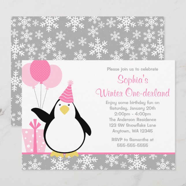 Invitation Flocons de neige de pingouin Anniversaire Onederla (Devant / Derrière)