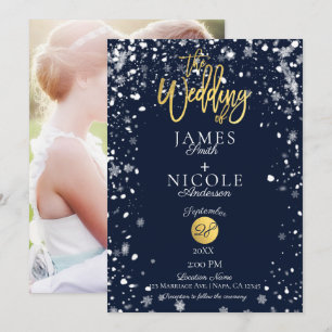 Invitation Flocons de neige d'hiver Feuille d'or Mariage phot