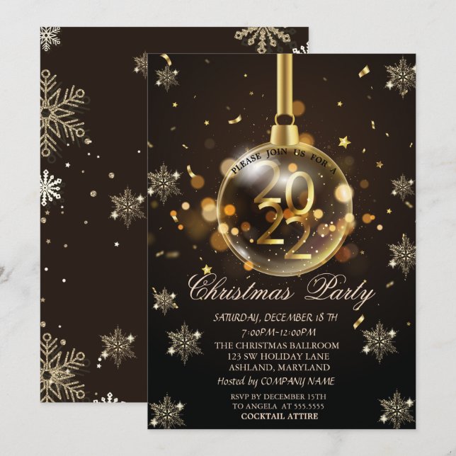 Invitation Flocons de neige dorés, Boule de Noël 2022 Société (Devant / Derrière)