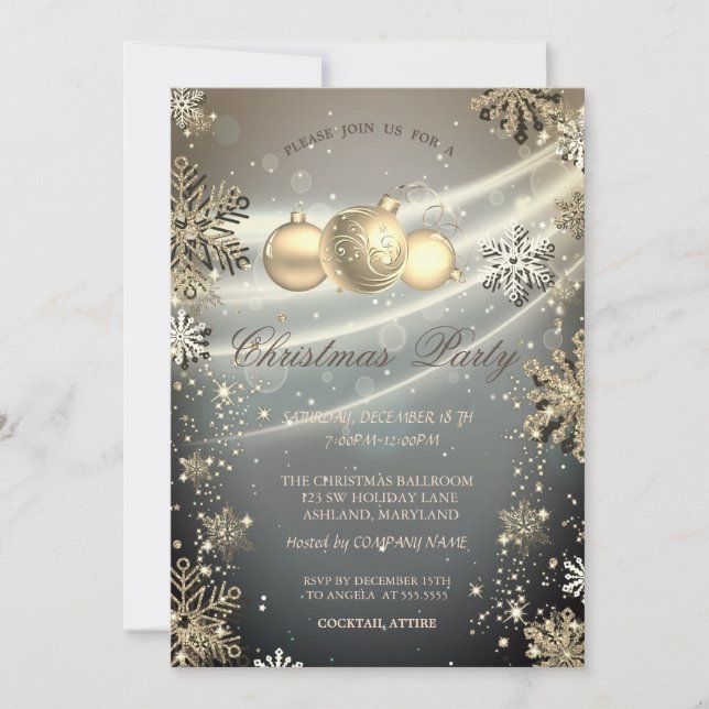 Invitation Flocons de neige dorés Boules Brillantes Soirée En (Devant)