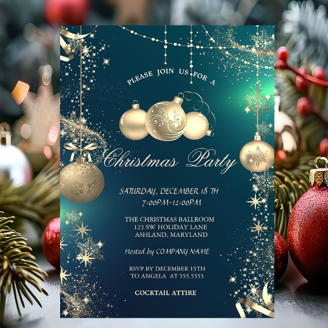 Invitation Flocons de neige dorés, boules de Noël dorées Fête (Créateur téléchargé)