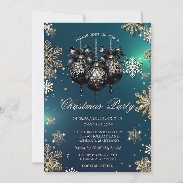 Invitation Flocons de neige dorés,Boules de Noël,Entreprise v (Devant)