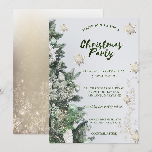 Invitation Flocons de neige dorés,Boules de Noël Fête de l'en (Devant / Derrière)