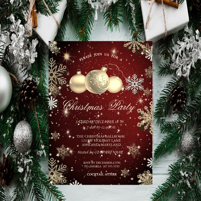 Invitation Flocons de neige dorés,Boules de Noël Rouges Soiré (Créateur téléchargé)