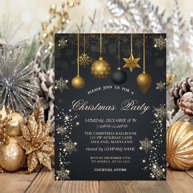 Invitation Flocons de neige dorés, boules de Noël, soirée ent (Créateur téléchargé)