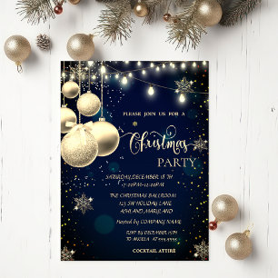 Invitation Flocons de Neige Dorés, Boules, Lumières Bleu Noël
