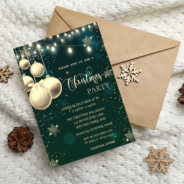 Invitation Flocons de Neige Dorés, Boules, Lumières Noël Vert (Créateur téléchargé)
