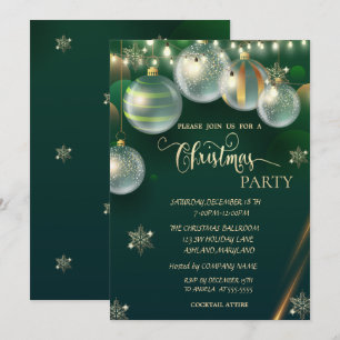 Invitation Flocons de neige dorés, Boules Noël vert