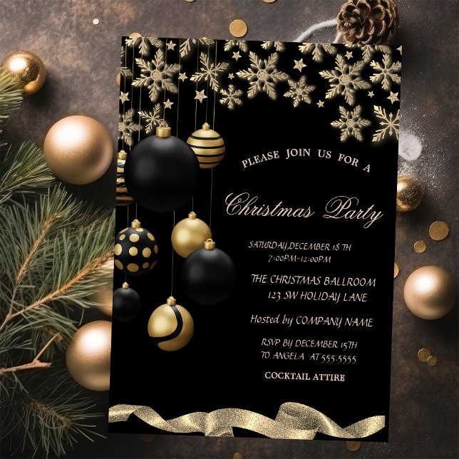 Invitation Flocons de neige dorés Boules noires de Noël Entre (Créateur téléchargé)