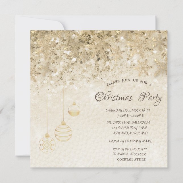 Invitation Flocons de neige dorés, boules paillettes Noël d'e (Devant)
