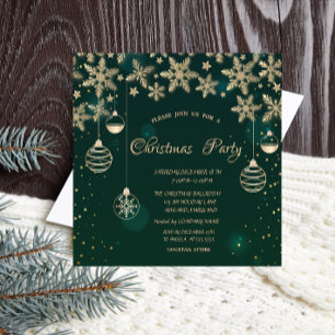 Invitation Flocons de neige dorés,Boules Vert Noël d'entrepri