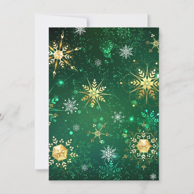 Invitation Flocons de neige dorés de Noël sur fond vert (Devant)