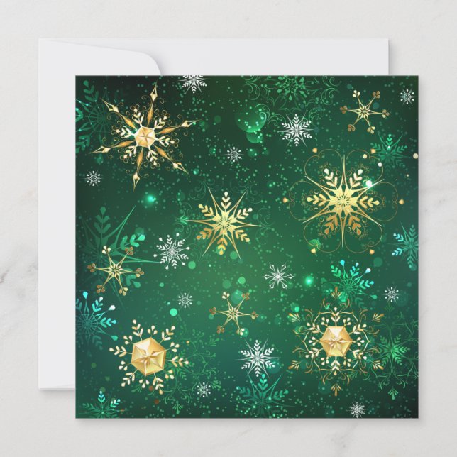 Invitation Flocons de neige dorés de Noël sur fond vert (Devant)