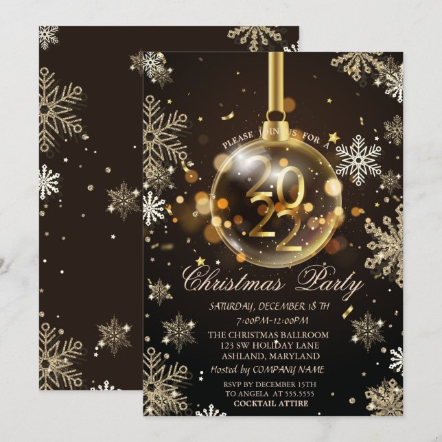 Invitation Flocons de neige dorés, décoration de Noël 2022 po (Devant / Derrière)