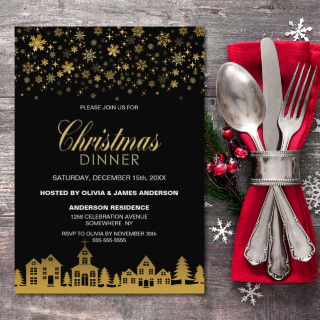 Invitation Flocons de neige dorés Dîner de Noël noir (Créateur téléchargé)