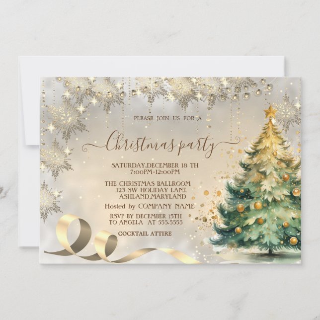 Invitation Flocons de neige dorés Elegant Pine Tree Company (Devant)