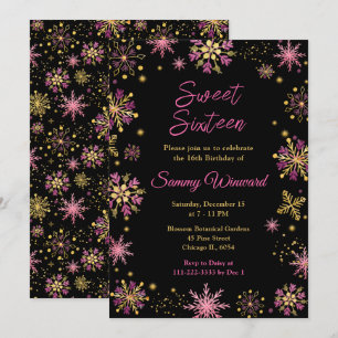 Invitation Flocons de neige dorés et roses Sweet Sixteen