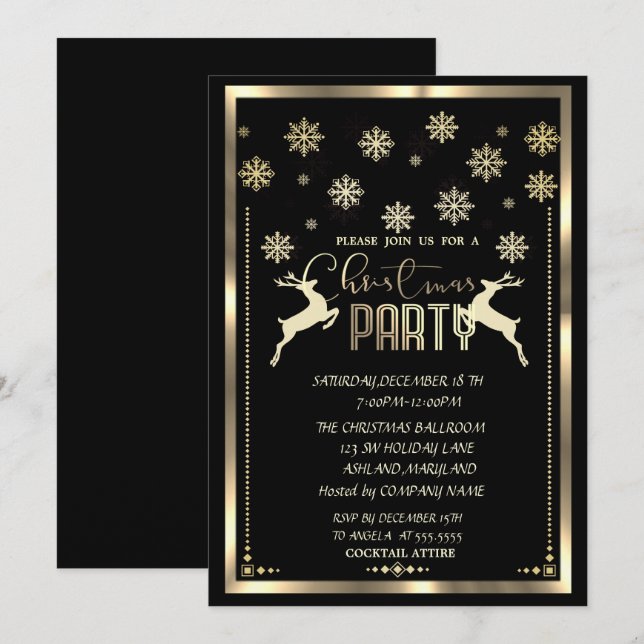 Invitation Flocons de neige dorés, Fête de Noël de la société (Devant / Derrière)