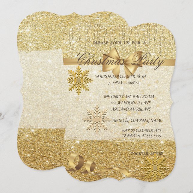 Invitation Flocons de neige dorés, Pailletés, Fête de Noël de (Devant / Derrière)