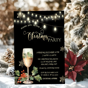 Invitation Flocons de neige dorés, verre de champagnE Fête de