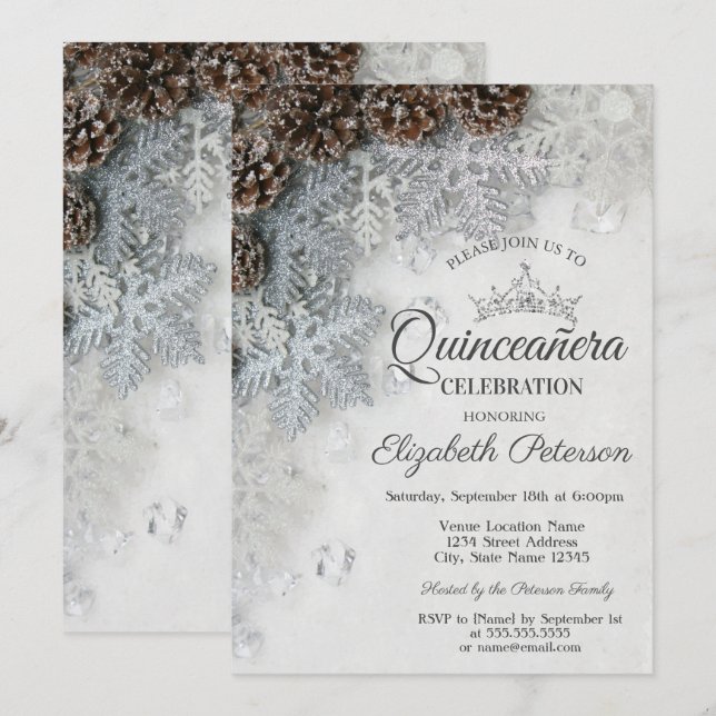 Invitation Flocons de neige élégants Cônes de pin Quinceañera (Devant / Derrière)