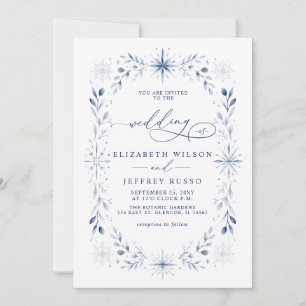 Invitation Flocons de neige élégants Monogramme Bleu Mariage 