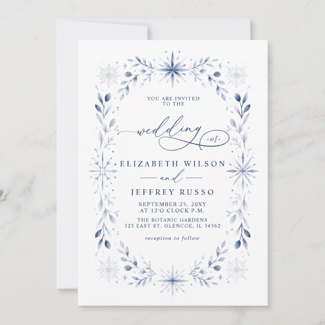 Invitation Flocons de neige élégants Monogramme Bleu Mariage  (Devant)