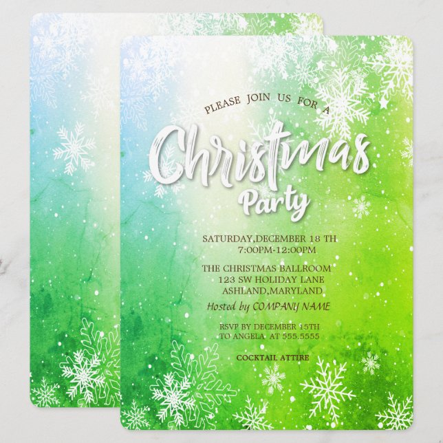 Invitation Flocons de neige élégants Société de Noël verte (Devant / Derrière)