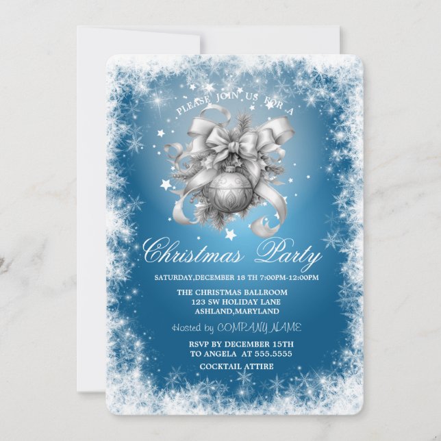 Invitation Flocons de neige,Étoiles,Boules de Noël Bleu Noël  (Devant)