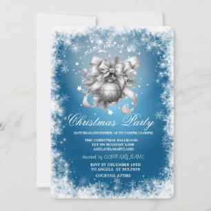 Invitation Flocons de neige,Étoiles,Boules de Noël Bleu Noël
