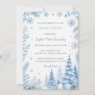 Invitation Flocons de neige floraux argentés bleus Quinceañer