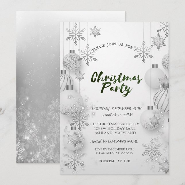 Invitation Flocons de neige gris, Boules Soirée d'entreprise  (Devant / Derrière)