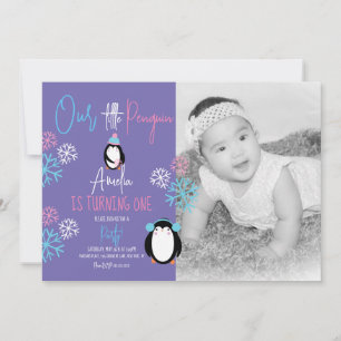 Invitation Flocons de Neige Manchots Rose Bleu 1er Anniversai