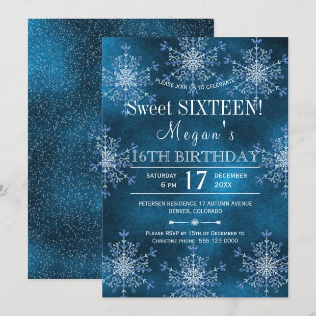 Invitation Flocons de neige merveilleux d'hiver 16 ans annive (Devant / Derrière)