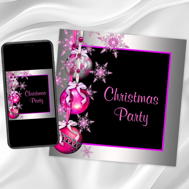 Invitation Flocons de Neige Ornements Rose Chaud Fête de Noël (Snowflakes and ornaments pink Christmas party invitation. Digital download and printed available.)