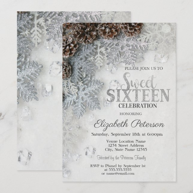 Invitation Flocons de neige pailletés élégants Cônes de pin   (Devant / Derrière)