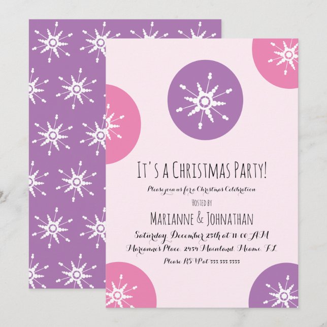 Invitation Flocons de neige rose et violet pour fête de Noël (Devant / Derrière)