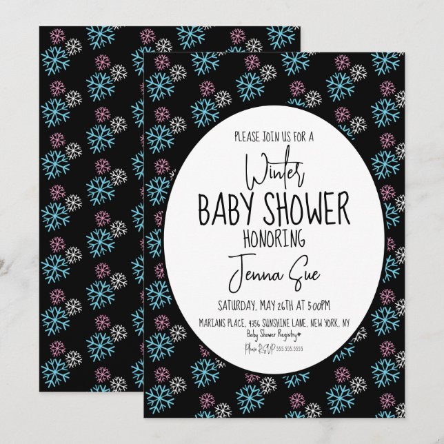 Invitation Flocons de neige roses bleus Bébé Shower Noir (Devant / Derrière)