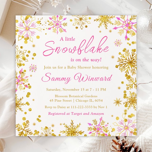 Invitation Flocons de neige roses et dorés Baby Shower d'hive (Créateur téléchargé)