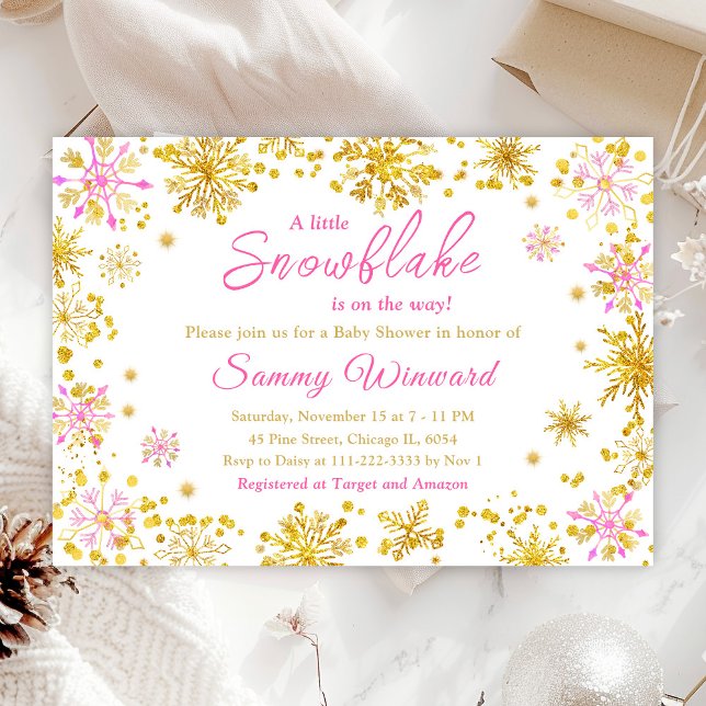 Invitation Flocons de neige roses et dorés Baby Shower d'hive (Créateur téléchargé)