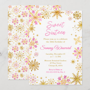 Invitation Flocons de neige roses et dorés Sweet Sixteen hive