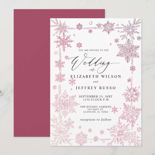 Invitation Flocons de neige rouges élégants Mariage d'hiver (Devant / Derrière)