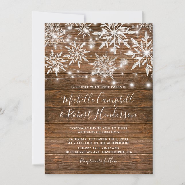 Invitation Flocons de neige rustiques mariage d'hiver en bois (Devant)