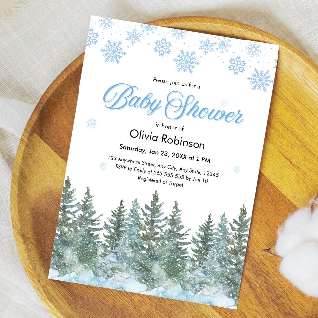 Invitation Flocons de neige Sapins Fête de bébé d'hiver (Snowflakes Pine Trees Winter Baby Shower Invitation )