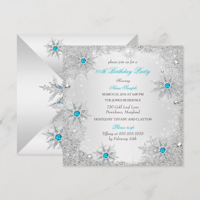 Invitation Flocons de neige sarcelle Fête d'anniversaire en h (Devant / Derrière)