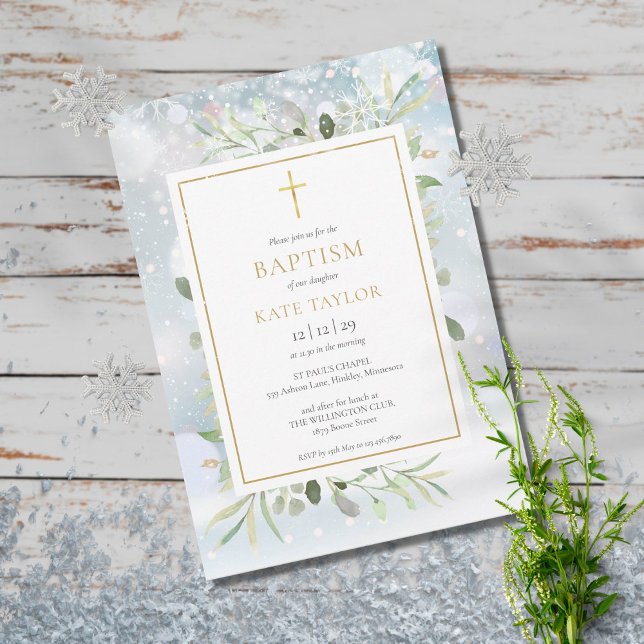 Invitation Flocons de neige verdure baptême christening (Créateur téléchargé)