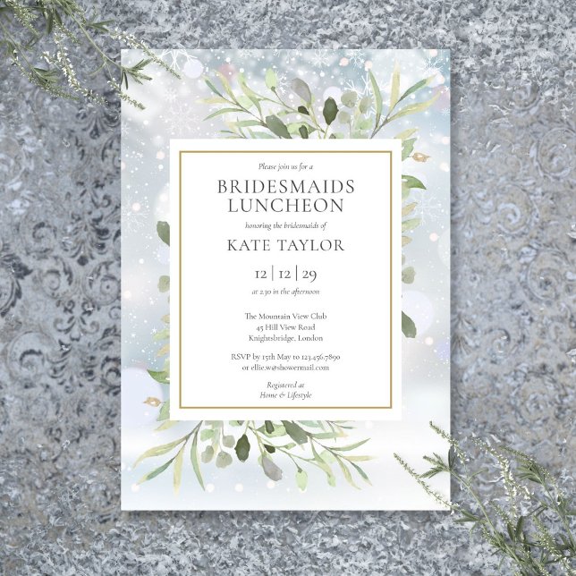 Invitation Flocons de neige verdure Déjeuner des demoiselles  (Winter Snowflakes Greenery Bridesmaids Luncheon Invitation)