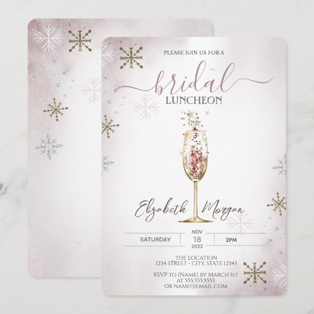 Invitation Flocons de Neige Verre à Champagne Chic Déjeuner d (Devant / Derrière)