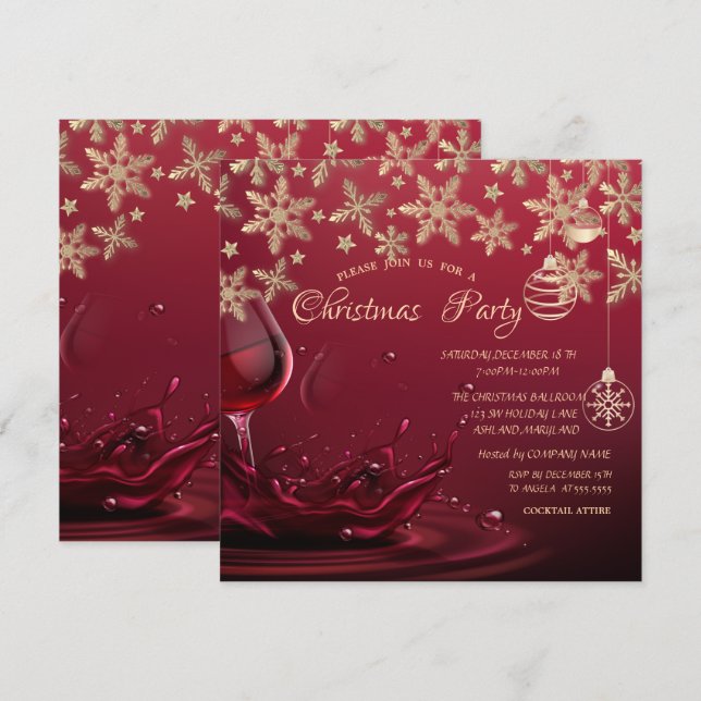 Invitation Flocons de neige,Verre à vin,Boules Noël Entrepris (Devant / Derrière)